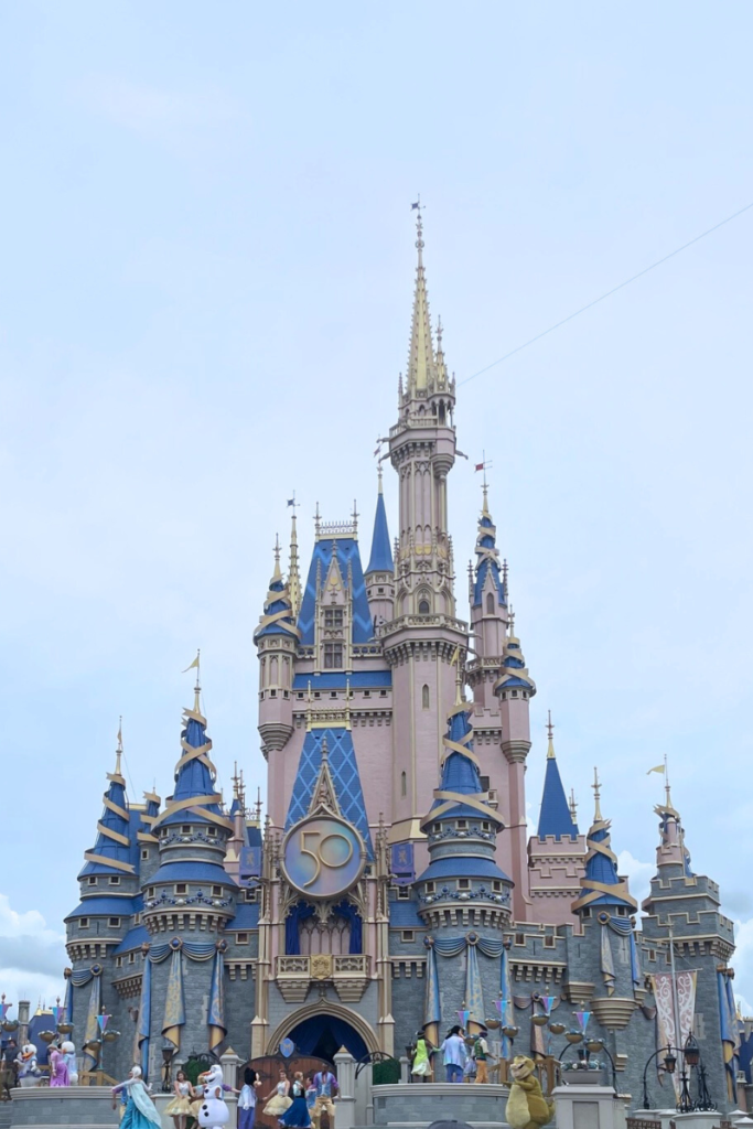 Cinderella's Castle at Walt Disney World's Magic Kingdom in Orlando featuring a performance by Elsa, Olaf Ana, Mickey and Donald, Daisy and more! 