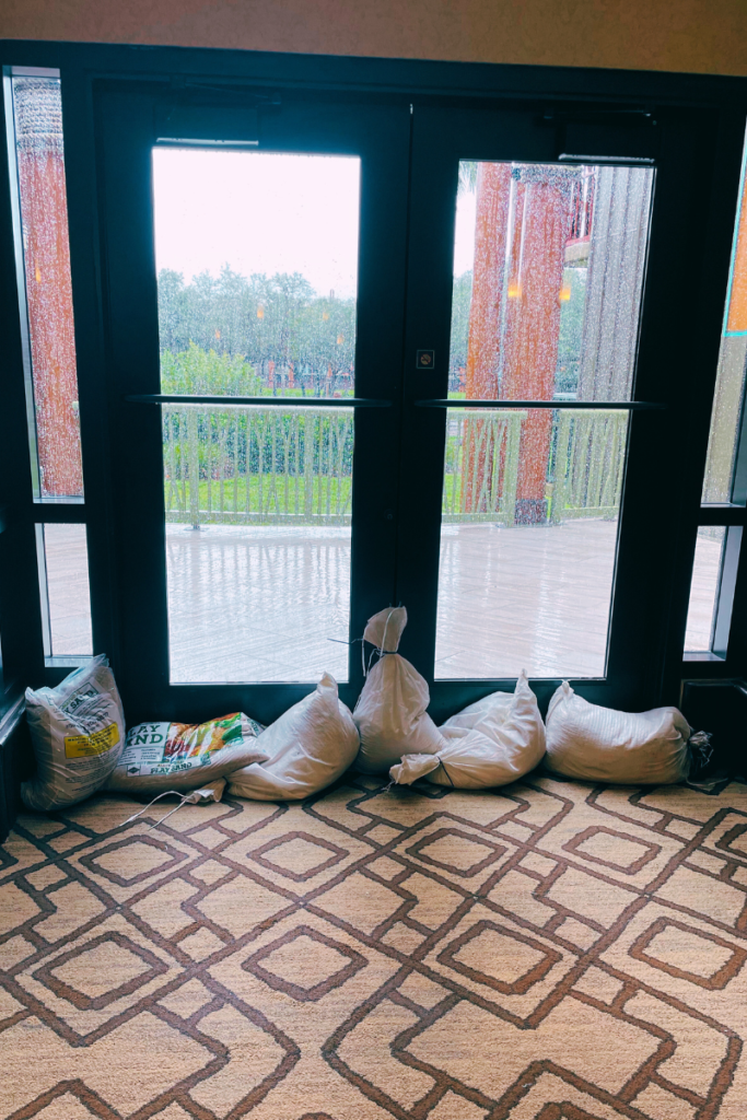 Disney World During a Hurricane - Animal Kingdom Lodge has sandbags to keep out the water. Shelter in Place Disney World 